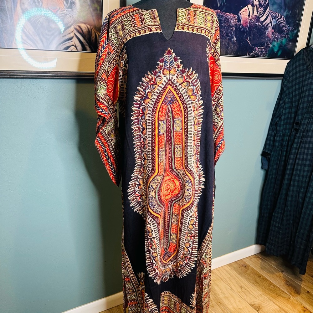 Vintage Vibrant Black Red Kaftan Dress 100% Cotton Size Medium